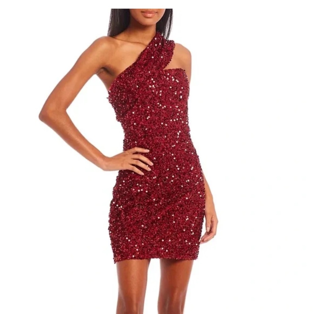 GB Social Red One Shoulder Juniors' Sequin & Sparkling Mini Dress